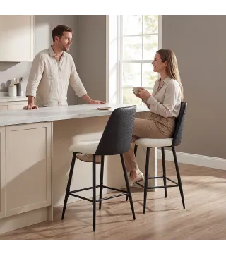 Juego de Taburetes Altos de Cocina con Respaldo y Reposapiés Tapizados de Lino y PU Marco de Acero Negro