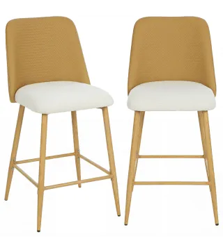 Juego de Taburetes Altos de Cocina con Respaldo y Reposapiés Tapizados de Lino y PU Marco de Acero Marrón