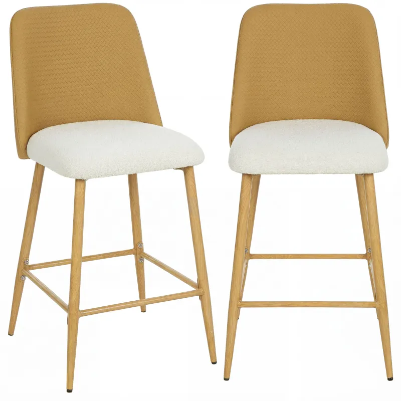 Juego de Taburetes Altos de Cocina con Respaldo y Reposapiés Tapizados de Lino y PU Marco de Acero Marrón