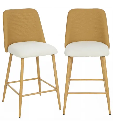 Juego de Taburetes Altos de Cocina con Respaldo y Reposapiés Tapizados de Lino y PU Marco de Acero Marrón