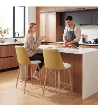 Juego de Taburetes Altos de Cocina con Respaldo y Reposapiés Tapizados de Lino y PU Marco de Acero Marrón