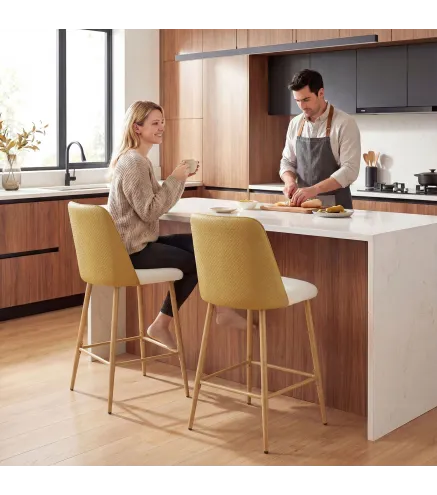 Juego de Taburetes Altos de Cocina con Respaldo y Reposapiés Tapizados de Lino y PU Marco de Acero Marrón