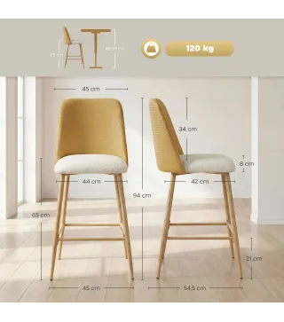 Juego de Taburetes Altos de Cocina con Respaldo y Reposapiés Tapizados de Lino y PU Marco de Acero Marrón