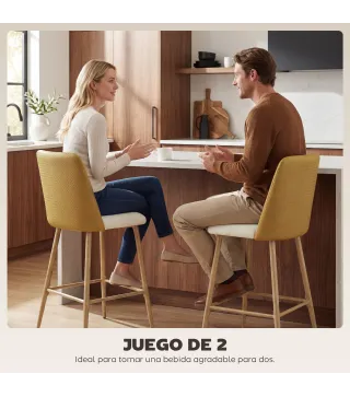 Juego de Taburetes Altos de Cocina con Respaldo y Reposapiés Tapizados de Lino y PU Marco de Acero Marrón