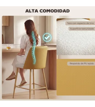 Juego de Taburetes Altos de Cocina con Respaldo y Reposapiés Tapizados de Lino y PU Marco de Acero Marrón