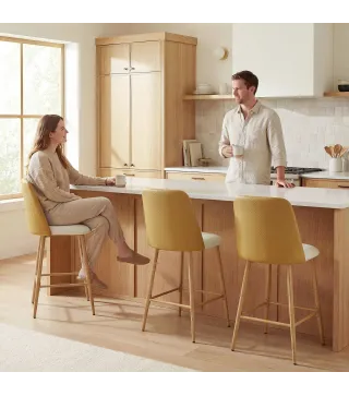 Juego de Taburetes Altos de Cocina con Respaldo y Reposapiés Tapizados de Lino y PU Marco de Acero Marrón