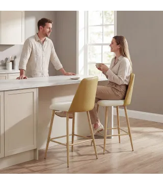 Juego de Taburetes Altos de Cocina con Respaldo y Reposapiés Tapizados de Lino y PU Marco de Acero Marrón