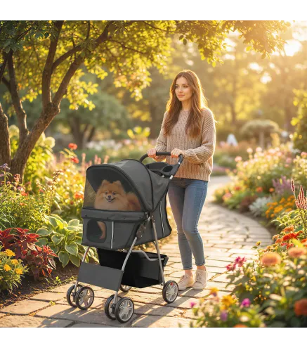 Carrito para Perros Pequeños con Cesta de Almacenaje Portavasos Ruedas y Cojín Lavable 77x44x102 cm Gris Oscuro