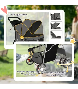 Carrito para Perros Pequeños con Cesta de Almacenaje Portavasos Ruedas y Cojín Lavable 77x44x102 cm Gris Oscuro