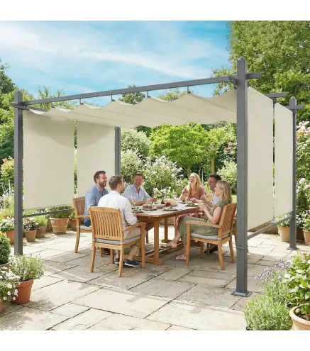 Pérgola de Jardín 4x3 m con Cortinas Enrollables Automáticas y Techo Retráctil Cenador de Jardín con UPF50+ Crema