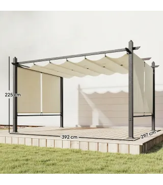 Pérgola de Jardín 4x3 m con Cortinas Enrollables Automáticas y Techo Retráctil Cenador de Jardín con UPF50+ Crema