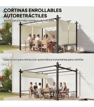 Pérgola de Jardín 4x3 m con Cortinas Enrollables Automáticas y Techo Retráctil Cenador de Jardín con UPF50+ Crema