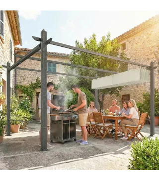 Pérgola de Jardín 4x3 m con Cortinas Enrollables Automáticas y Techo Retráctil Cenador de Jardín con UPF50+ Crema