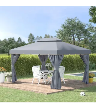 Cenador de Jardín 4x3m Pabellón de Jardín Gazebo con Doble Techo Estructura de Aluminio UPF50+ para Exterior Gris