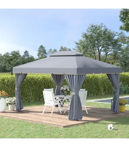 Cenador de Jardín 4x3m Pabellón de Jardín Gazebo con Doble Techo Estructura de Aluminio UPF50+ para Exterior Gris