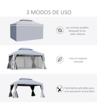 Cenador de Jardín 4x3m Pabellón de Jardín Gazebo con Doble Techo Estructura de Aluminio UPF50+ para Exterior Gris