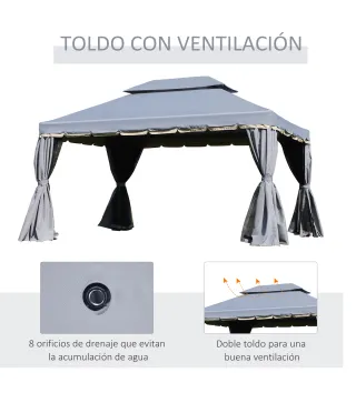Cenador de Jardín 4x3m Pabellón de Jardín Gazebo con Doble Techo Estructura de Aluminio UPF50+ para Exterior Gris