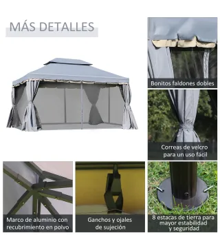 Cenador de Jardín 4x3m Pabellón de Jardín Gazebo con Doble Techo Estructura de Aluminio UPF50+ para Exterior Gris