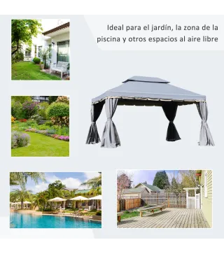 Cenador de Jardín 4x3m Pabellón de Jardín Gazebo con Doble Techo Estructura de Aluminio UPF50+ para Exterior Gris