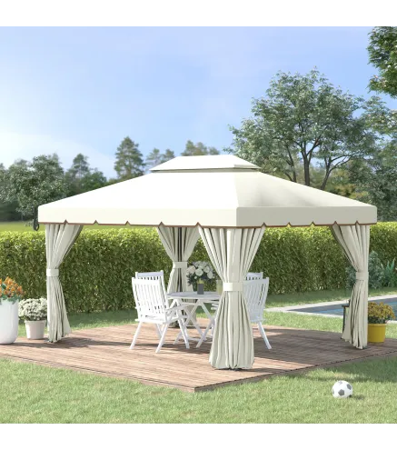 Cenador de Jardín 4x3m Pabellón de Jardín Gazebo con Doble Techo Estructura de Aluminio UPF50+ para Exterior Crema
