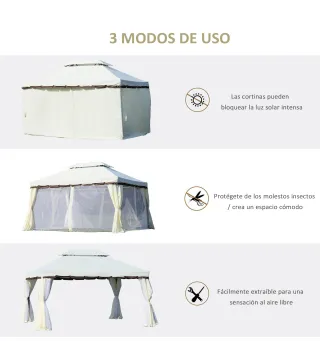 Cenador de Jardín 4x3m Pabellón de Jardín Gazebo con Doble Techo Estructura de Aluminio UPF50+ para Exterior Crema