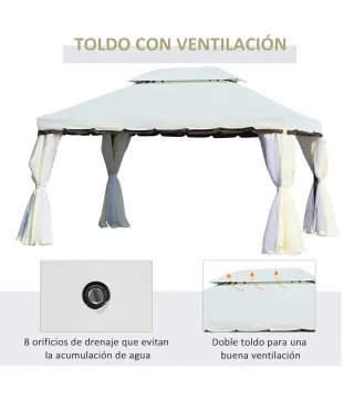 Cenador de Jardín 4x3m Pabellón de Jardín Gazebo con Doble Techo Estructura de Aluminio UPF50+ para Exterior Crema
