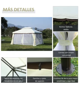 Cenador de Jardín 4x3m Pabellón de Jardín Gazebo con Doble Techo Estructura de Aluminio UPF50+ para Exterior Crema