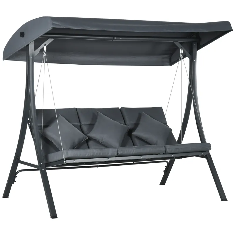 Balancín de Jardín Exterior Columpio de 3 Plazas con Toldo Ajustable y Marco de Acero 202x115x168 cm Gris Oscuro