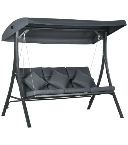 Balancín de Jardín Exterior Columpio de 3 Plazas con Toldo Ajustable y Marco de Acero 202x115x168 cm Gris Oscuro