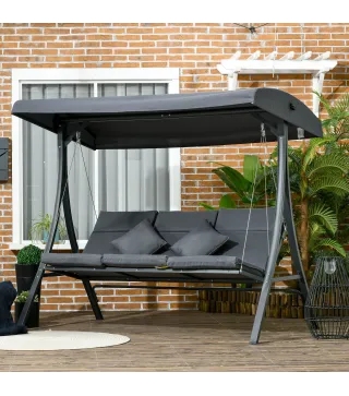 Balancín de Jardín Exterior Columpio de 3 Plazas con Toldo Ajustable y Marco de Acero 202x115x168 cm Gris Oscuro