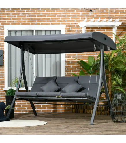 Balancín de Jardín Exterior Columpio de 3 Plazas con Toldo Ajustable y Marco de Acero 202x115x168 cm Gris Oscuro
