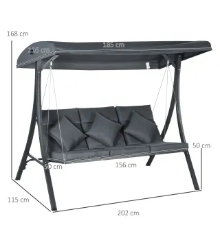 Balancín de Jardín Exterior Columpio de 3 Plazas con Toldo Ajustable y Marco de Acero 202x115x168 cm Gris Oscuro