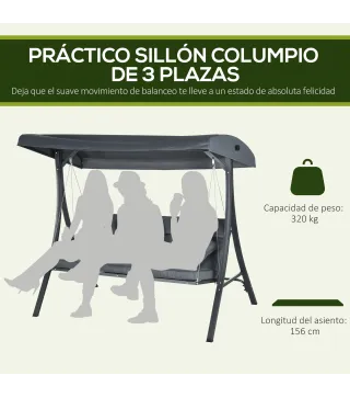 Balancín de Jardín Exterior Columpio de 3 Plazas con Toldo Ajustable y Marco de Acero 202x115x168 cm Gris Oscuro