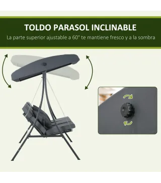 Balancín de Jardín Exterior Columpio de 3 Plazas con Toldo Ajustable y Marco de Acero 202x115x168 cm Gris Oscuro