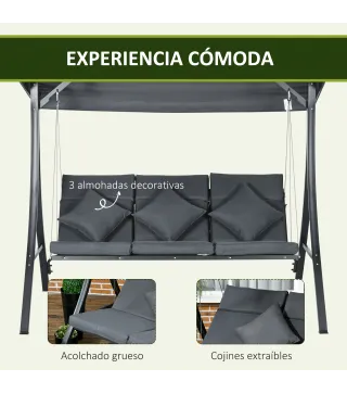 Balancín de Jardín Exterior Columpio de 3 Plazas con Toldo Ajustable y Marco de Acero 202x115x168 cm Gris Oscuro