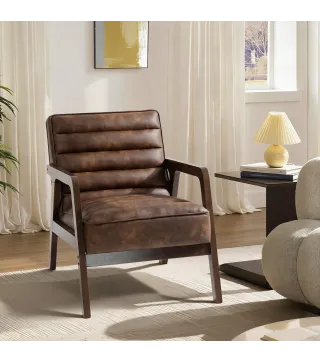 Butaca de Salón Tapizado en PU con Marco de Madera Maciza Asiento Acolchado para Sala de Estar Dormitorio Marrón
