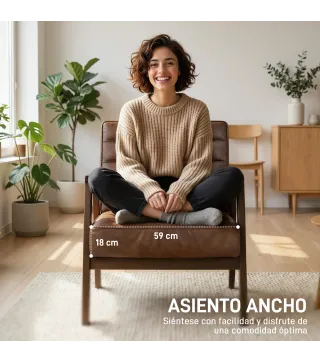 Butaca de Salón Tapizado en PU con Marco de Madera Maciza Asiento Acolchado para Sala de Estar Dormitorio Marrón