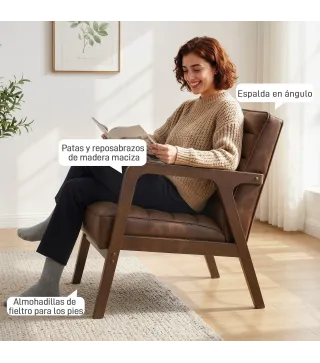 Butaca de Salón Tapizado en PU con Marco de Madera Maciza Asiento Acolchado para Sala de Estar Dormitorio Marrón