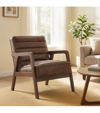 Butaca de Salón Tapizado en PU con Marco de Madera Maciza Asiento Acolchado para Sala de Estar Dormitorio Marrón