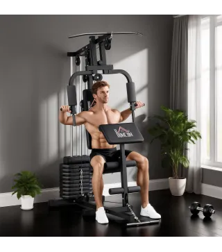 Máquina de Musculación con Pesas Ajustables de 45 kg Prensa de Pecho y Piernas Polea 135x103x210 cm Negro