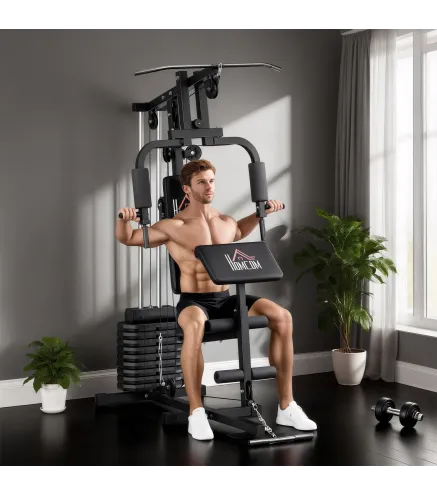 Máquina de Musculación con Pesas Ajustables de 45 kg Prensa de Pecho y Piernas Polea 135x103x210 cm Negro