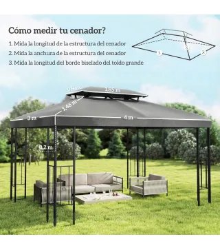 Toldo de Recambio 4x3 m con Techo Doble Orificios de Drenaje y Protección UV Solo Toldo NO Incluye Marco Gris