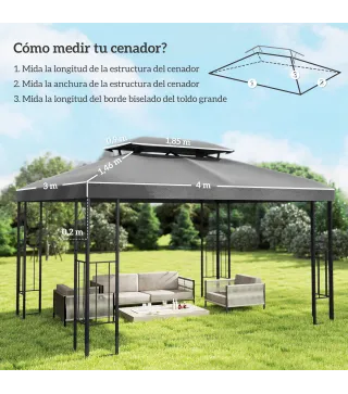 Toldo de Recambio 4x3 m con Techo Doble Orificios de Drenaje y Protección UV Solo Toldo NO Incluye Marco Gris Oscuro