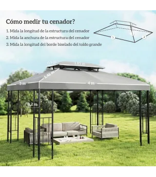 Toldo de Recambio 4x3 m con Techo Doble Orificios de Drenaje y Protección UV Solo Toldo NO Incluye Marco Gris Claro