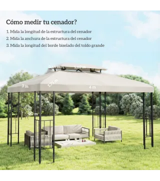 Toldo de Recambio 4x3 m con Techo Doble Orificios de Drenaje y Protección UV Solo Toldo NO Incluye Marco Crema