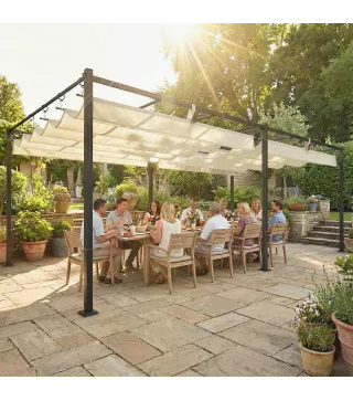 Pérgola de Jardín 6x3 m con Techo Retráctil Protección UPF50+ Drenaje Cenador de Jardín para Patio Exterior Crema