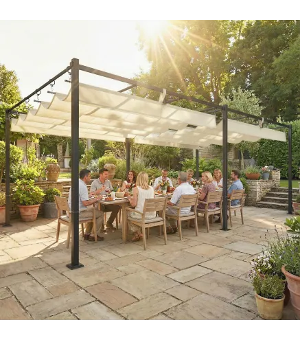 Pérgola de Jardín 6x3 m con Techo Retráctil Protección UPF50+ Drenaje Cenador de Jardín para Patio Exterior Crema