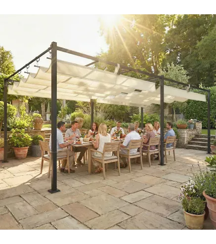 Pérgola de Jardín 6x3 m con Techo Retráctil Protección UPF50+ Drenaje Cenador de Jardín para Patio Exterior Crema