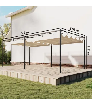 Pérgola de Jardín 6x3 m con Techo Retráctil Protección UPF50+ Drenaje Cenador de Jardín para Patio Exterior Crema