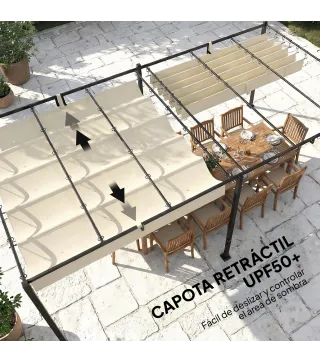 Pérgola de Jardín 6x3 m con Techo Retráctil Protección UPF50+ Drenaje Cenador de Jardín para Patio Exterior Crema